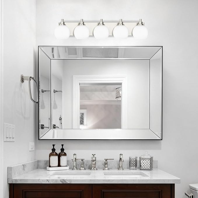 IZORRO Bathroom Light Fixtures, 5-Light Brushed Nickel Vanity Light, Modern Wall Sconces with Globe Milk White Glass Shade, Vanity Lighting Fixtures Over Mirror,E26 Bulb Socket