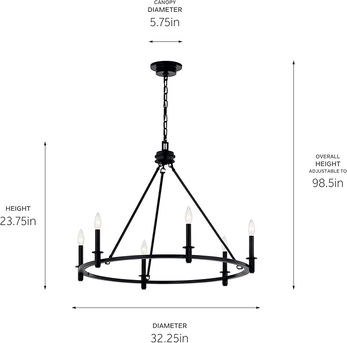 KICHLER Carrick 6-Light Chandelier, Updated Traditional Light in Black, Sloped Ceiling Compatible, for Dining Room, Office or Bedroom (23.7" x 32.25"), 52705BK
