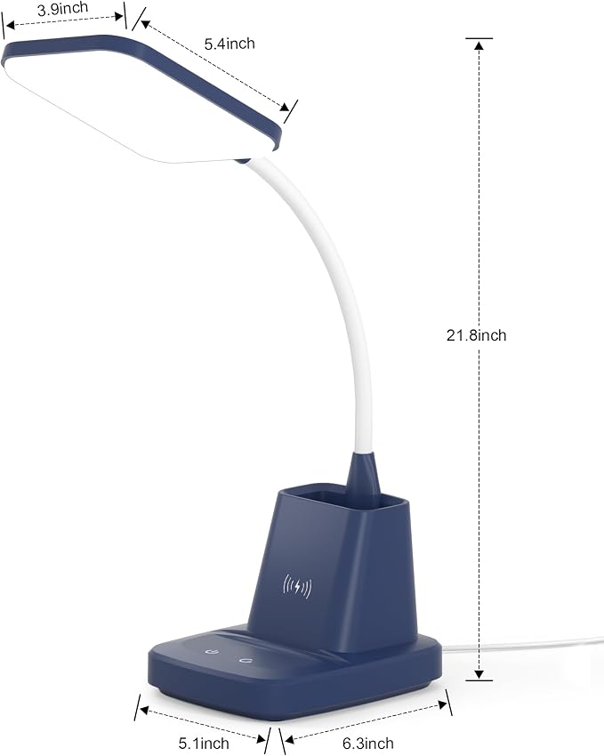 LED Desk Lamp with 10W Wireless Charging & Pen Holder, Navy Blue | CRI 95, 800LM, Stepless Dimming, 3 Modes, 360°Flexible Arm, Touch, Study Table Lamp for Home Office, Dorm Room, with Adapter