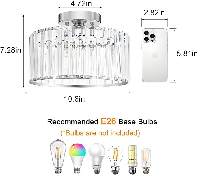 Crystal Ceiling Light Fixture, Chrome Close To Ceiling Light Fixtures, Modern Semi Flush Mount Ceiling Light, Hallway Lighting Fixture Chandelier for Bathroom Bedroom Porch Kitchen Living Room, 11in