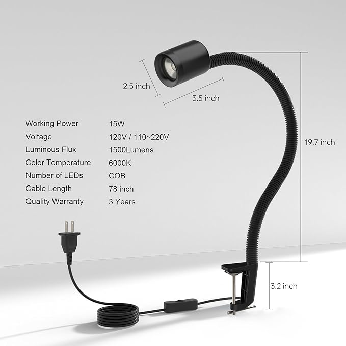 LED Clamp Work Light, 1500lumens 20in Flexible Gooseneck Work Lamp with C-Clamp for Lathe Machines, Workbenches. 15W,Yuan 915