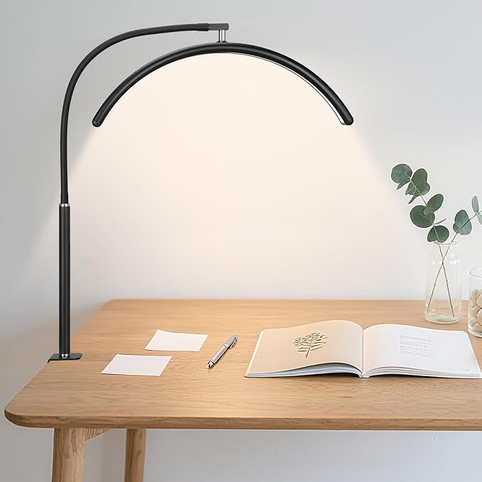 Professional Half Moon LED Desk Light for Nail Techs & Artists – Flexible Gooseneck Lamp with Clamp, 5 Color Modes & 5 Brightness Levels for Manicure, Tattoo, Beauty Work