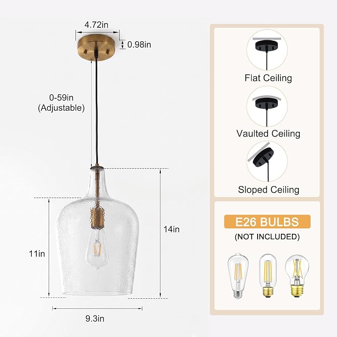 9.3" Blown Glass Pendant Lighting for Kitchen Island, Gold Large Pendant Light Fixture with Blown Thickened Glass, 1 Light Farmhouse Hanging Light for Hallway, Bedroom, Living Room Tall 14 inch
