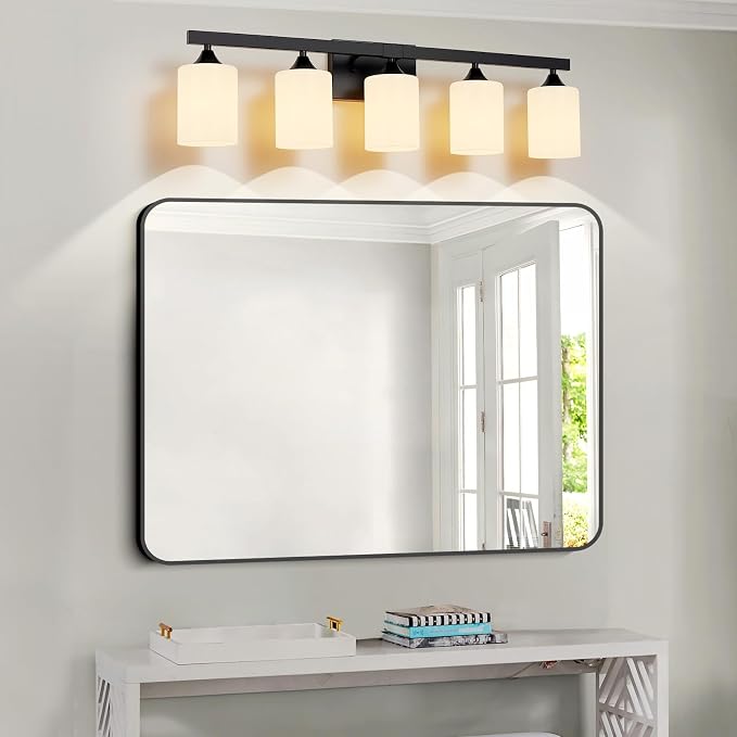 ZHU YAN 5-Light Bathroom Light Fixtures,Black Vanity Light Fixture Over Mirror,Milky White Glass Shades Wall Sconces Modern Bathroom Wall Lamp for Mirror Living Room Bedroom E26 Socket