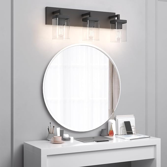 Bathroom Lighting Fixtures Over Mirror, Square Design & Rectangle Large Backplate, 3 Lights Morden Vanity Lighting Fixtures, Bathroom Light Fixtures for Bathroom/Living Room/Bedroom, Black