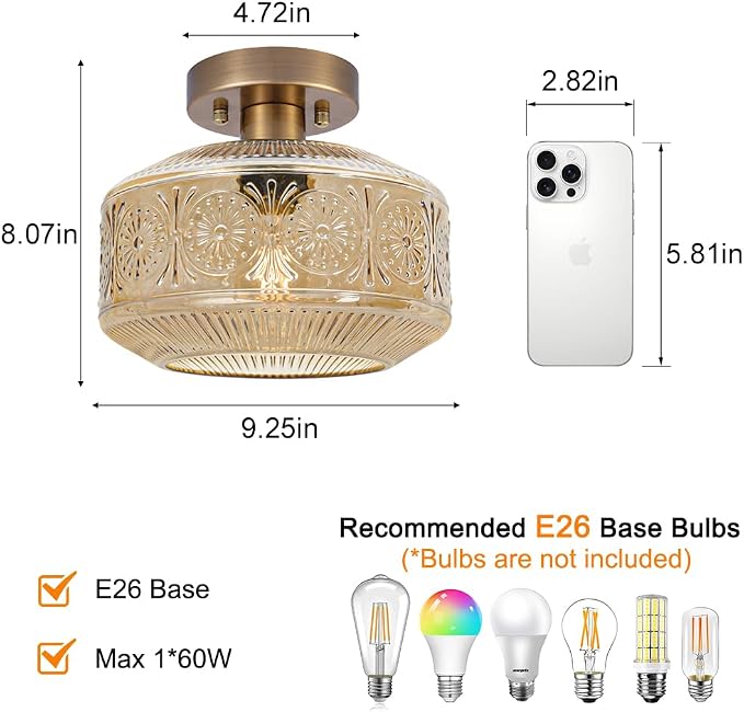 Semi Flush Mount Ceiling Light, Vintage Small Ceiling Light Fixture, Thickened Glass Hallway Lighting Fixture, Brass Kitchen Ceiling Mount Lighting with Amber Glass for Bedroom, Bathroom, Porch
