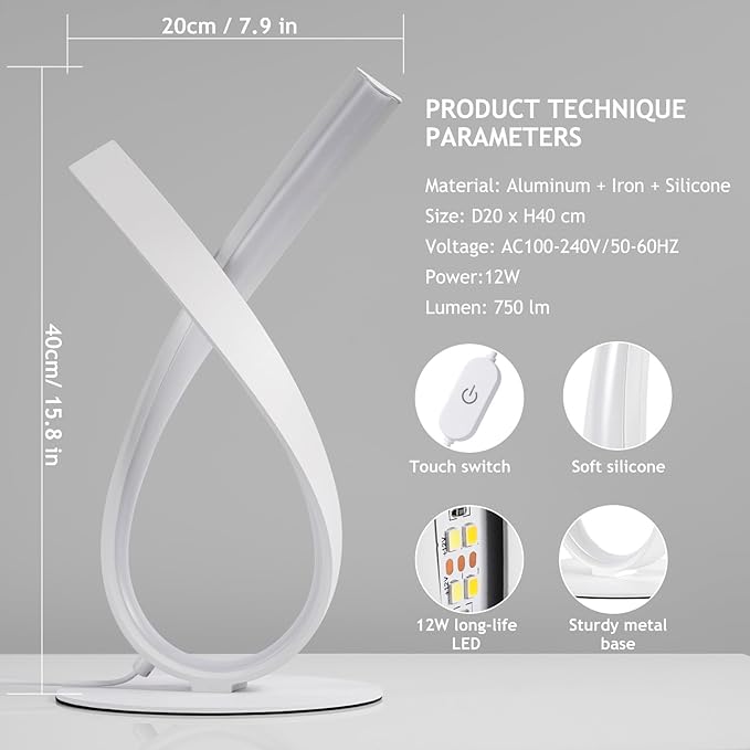 NUÜR Modern Table Lamp, Stepless Dimmable LED Spiral Lamp for Living Room, Contemporary Nightstand Lamp, White Bedside Table Lamp for Bedroom, Home, Office