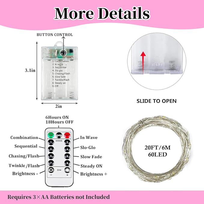 4 Pack Fairy Lights Battery Operated Twinkle Lights Remote Pink | Total 132FT 400LED String Light, Timer & 8 Modes, Memory, Dimmable, Waterproof Battery Lights Indoor Outdoor Valentine Decor