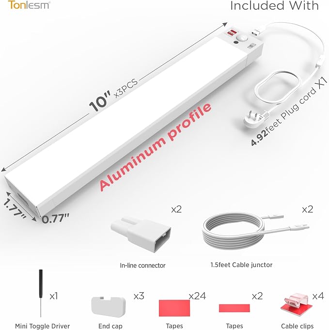 Under Cabinet Lighting Plug in, AC120V LED Motion Sensor Light Indoor 3000K/4000K/5000K, Super Bright, Linkable Under Counter Light for Kitchen,Closet,Shelf,Aluminum (10inch,White,3Pack)