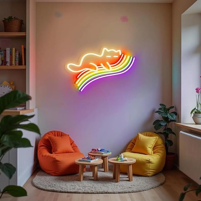 Cat Sleeping On Rainbow Neon Sign Rainbow Cat Neon Light Cute Cat LED Light up Sign for Wall Decor Preppy Kids Girls Room Wedding Birthday Party