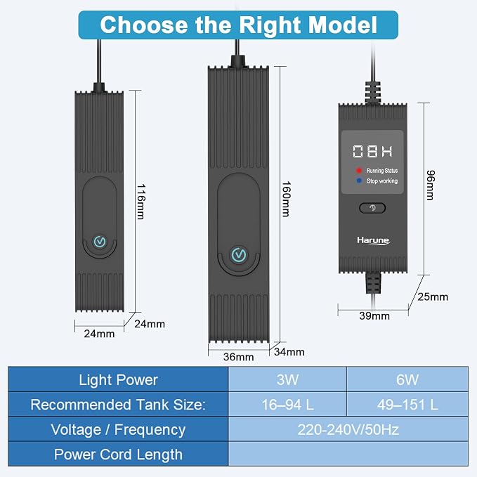 Harune 3W Aquarium U-V Light with Timer,Fully Submersible Design | For 4-25Gal Fish Tanks,4/8/12/24H Daily Timer,Lamp Life about 8,000 Hours