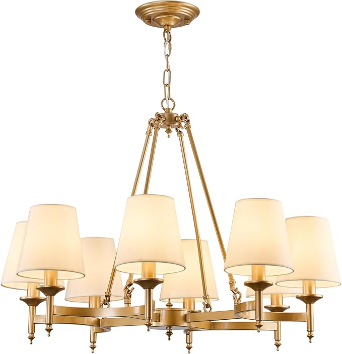 29.9inch 8-Light Gold Chandelier with White Linen Fabric Shade Large Farmhouse Ceiling Light Fixture Industrial Adjustable Hanging Pendant Light for Dining Room Living Room Kitchen Bedroom
