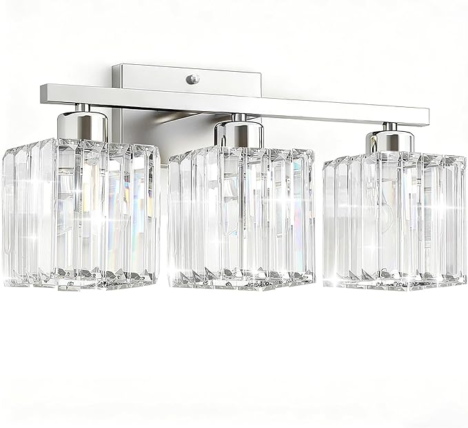 GOLSPARK 3 Light Crystal Bathroom Light Fixtures, Modern Brushed Nickel Vanity Lighting Fixtures, Vanity Light Over Mirror for Bathroom, E26 Socket Crystal Wall Light Square Shades (Bulbs Excluded)