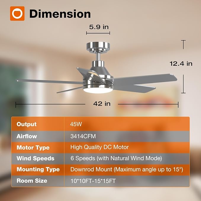 addlon 42 Inch Nickel Ceiling Fans with Lights and Remote | Reversible DC motor, 6-speed, Timer, 3CCT Dimmable, Quiet, Small Ceiling Fan for Bedroom, Living Room, Indoor/Outdoor Use