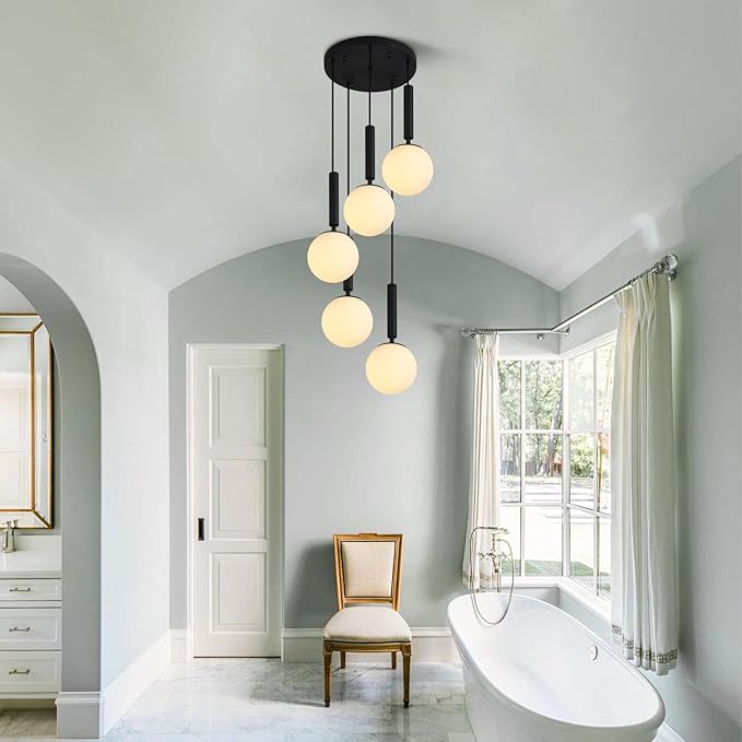 KCO Lighting 5 Light Cluster Pendant Lighting White Globe Chandelier Light Fixture Large Milk Glass Chandelier Matte Black Stairway Hanging Lighting Multi Pendant Hanging Light Fixture