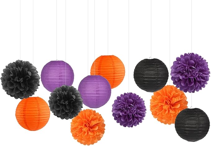 Purple-Orange Black Party-Decorations Paper-Flowers Lanterns - 15PCS Halloween Tissue Pom Poms Streamers,Vintage Birthday Retro Baby Bridal Shower Wedding Bachelorette Hanging Supplies Decor Hugfond