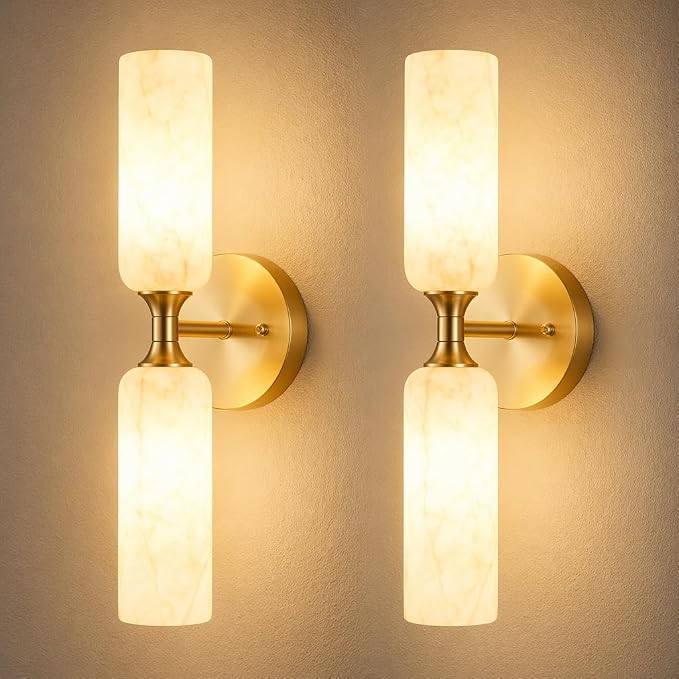Alabaster Wall Sconces Set of 2, 20in 3-Color Changing Spanish Natural Marble Wall Sconce, Hardwired Brass Gold LED Wall Fixture for Bathroom, Bedroom, Living Room, Hallway, Staircase