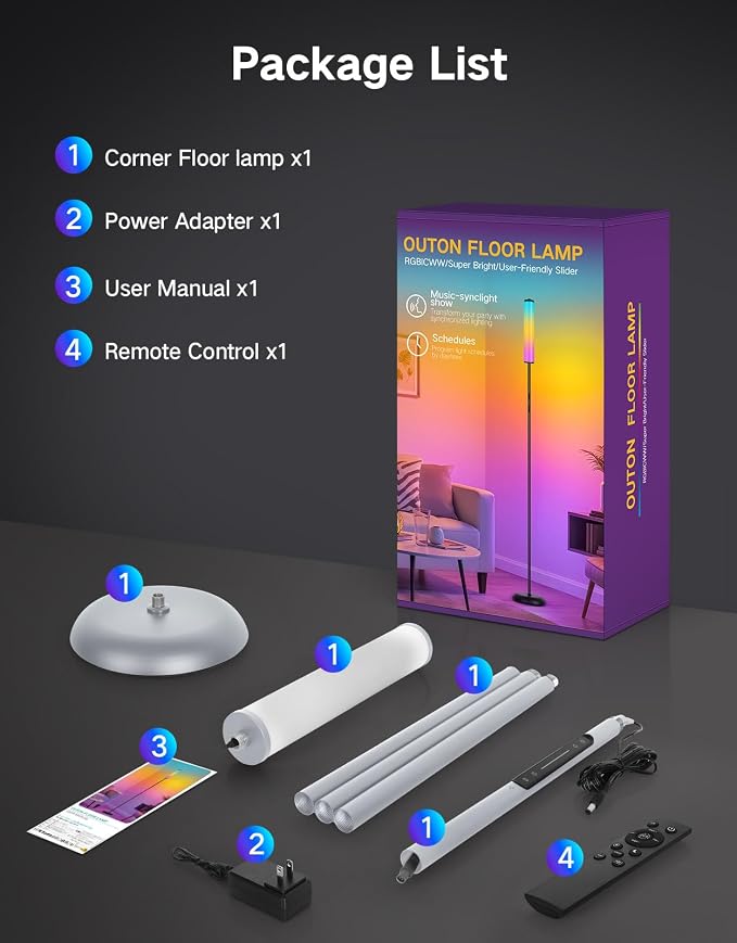 OUTON Bright Smart Floor Lamp with Remote, App & Touch Control, RGB Color Changing Standing Lamp, 2200K-6500K Dimmable, 3 Adjustable Heights, 32 Scenes for Living Room Bedroom Office,Grey