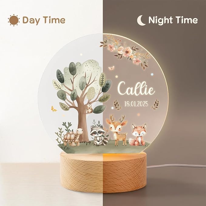 Personalized Forest Animal Night Light for Kids, Custom Name and Text Led Nightlight Nursery Decor Gift for Kids