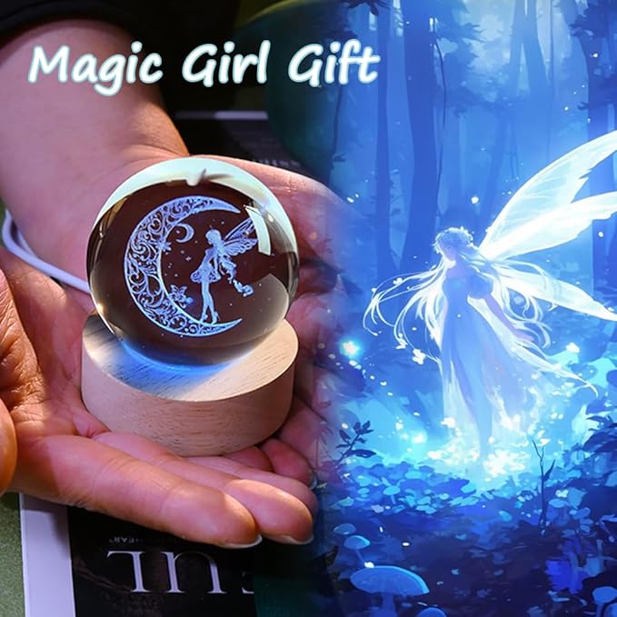 Moon Fairy Crystal Ball Decorative Ball 60mm Fairy Glass Sphere Decor 3D Dreamy Engraving Gifts for Girls Women Fairy Lovers Wedding Gift with Light Base