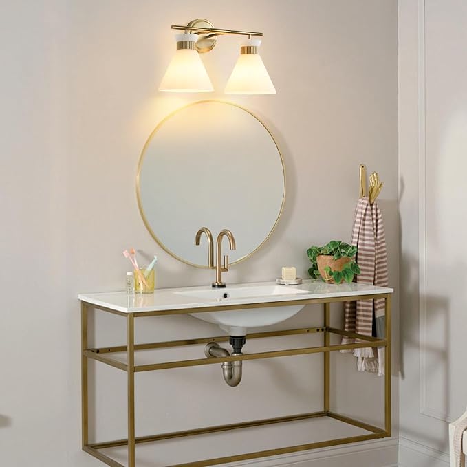 WOSHITU Gold Bathroom Light Fixtures: Modern Vanity Lighting Fixtures 2 Lights for Bathroom Mid Century Vanity Light Sconces Over Mirror with Frosted Milky Glass for Bath Bedroom Makeup