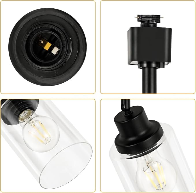 J Type E26 Track Lighting Heads, Clear Glass Shade, 4 Pack, Black | Track Light Fixtures for Kitchen and Accent Lighting | No Bulbs Included | Compatible with J Track Rails