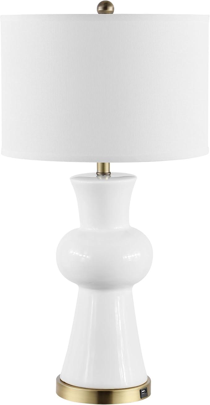 SAFAVIEH Lighting Collection - Lola Column Table Lamp, 30" White Ceramic Body with Drum Shade, Modern Accent Light (LIT4150B)