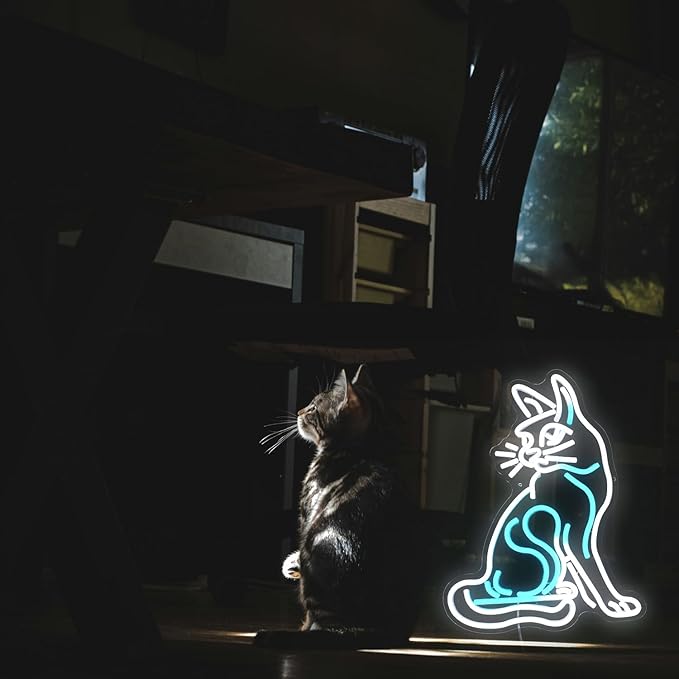 Dimmable Cat Neon Sign White Ice Blue Cat Neon Light Led Cat Light Up Sign for Wall Decor USB Powered Neon Light Cat Sign for Pet Shop Bedroom Cat Cafe Art Room Cat Lover Gift(16.5"*13")