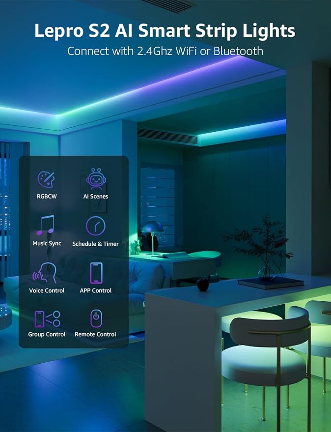Lepro S2 AI Smart LED Strip Lights 16.4FT RGB+CCT WiFi Bluetooth for Room | 2700K-5700K tunable white,AI lighting designer,Rainbow chasing effects,Music sync,Color segment control,Smart scenes,Bedroom