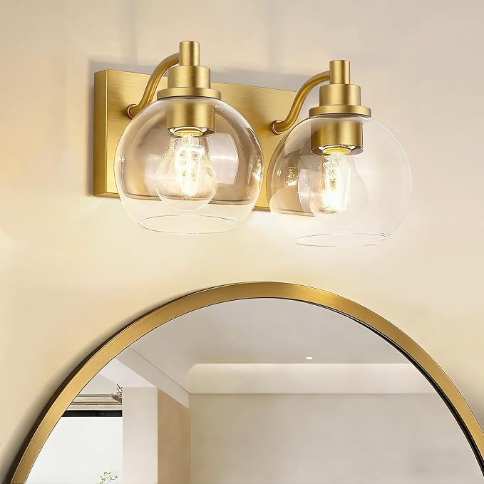 IZORRO Bathroom Light Fixtures, 2-Light Brushed Gold Vanity Light, Modern Wall Sconces with Globe Clear Glass Shade, Vanity Lighting Fixtures Over Mirror,E26 Bulb Socket