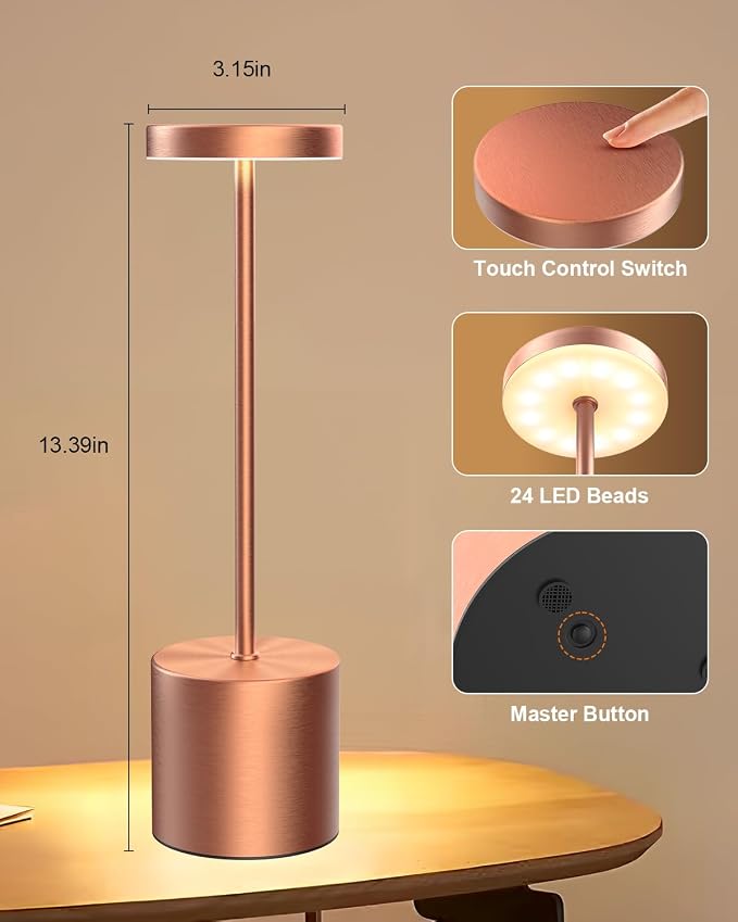 Swinerton Cordless Table Lamps Rechargeable, Portable LED Desk Lamp, 5000mAh Battery Powered Wireless Table Light - 3 Color Dimmable Lighting for Restaurant Dining Patio Outdoor Bedroom(Rose Gold)