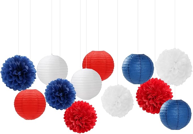 Fourth-4th Of July Imemorial-Day Party-Decorations - 15pcs Red White Blue Paper-Flowers Lanterns,Patriotic Graduation Tissue Pom Poms Streamers,Independence Veterans Hanging Supplies Decor Hugfond