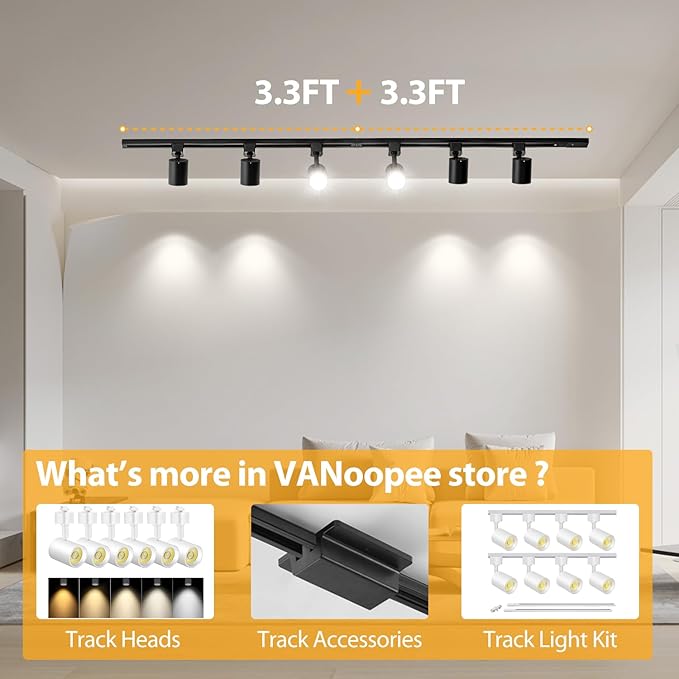 VANoopee H Track Lighting Rails Kit, 13FT H Type Rails Black With End Caps and Live End Feed Connector, Compatible With Single Circuit 120V H Style System, for LED Lighting Heads