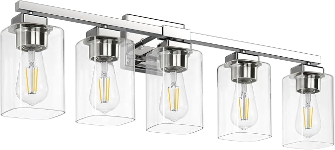 31” Bathroom Light Fixtures, 5-Light Vanity Light Chrome | Square Clear Glass & Durable Metal, Quick & Easy Installation, Standard E26 Socket, Bright Bathroom Lighting