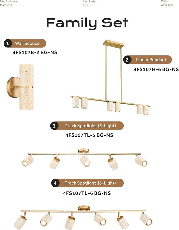FEMILA Natural Stone Track Lighting Fixtures Ceiling, 3000K Bulbs Included, 43.7" Brushed Gold LED Track Light for Living Room, Kitchen, Dining Room, Bedroom, Rotatable Light Heads, 4FS107TL-5 BG-NS