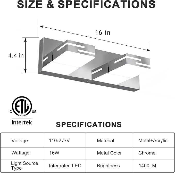LED Modern Bathroom Vanity Light Fixtures, Dimmable Chrome Vanity Lights for Bathroom Lighting Fixtures Over Mirror, with 360° Rotatable Heads 2-Light 16-inch (Cool White 6000K)