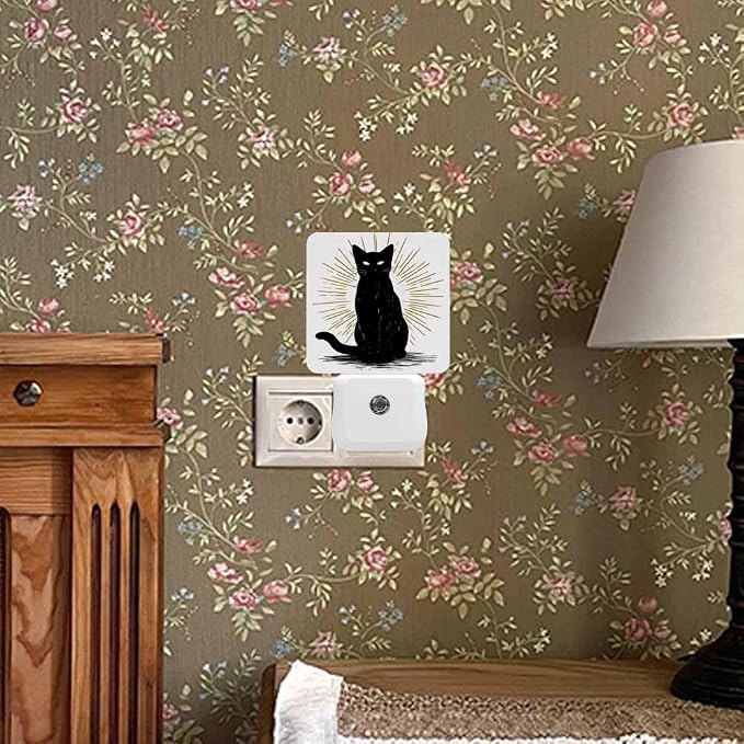 Cat LED Night Lights Plug into Wall Black Hand Drawn Halloween Icon 0.5W Plug in Night Light, Dusk to Dawn, Bright Nightlight Auto On/Off, for Room Bedroom Bathroom