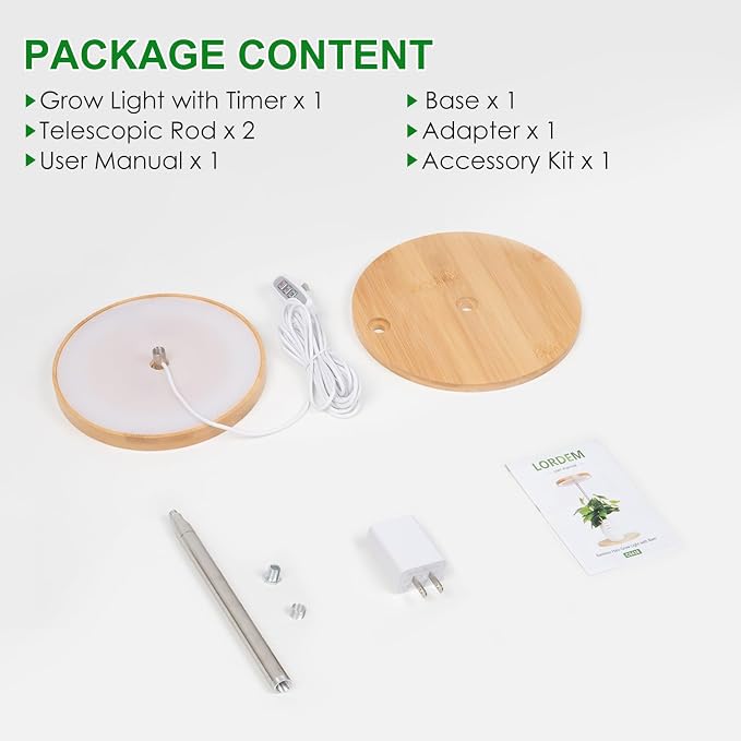 LORDEM Indoor Plant Light, Bamboo Desk Lamp with Timer | Full Spectrum 380-800nm, 72 LEDs, 4 Dimmable Levels, Height Adjustable 7.8-26 inch, Auto Timer 4/8/12H