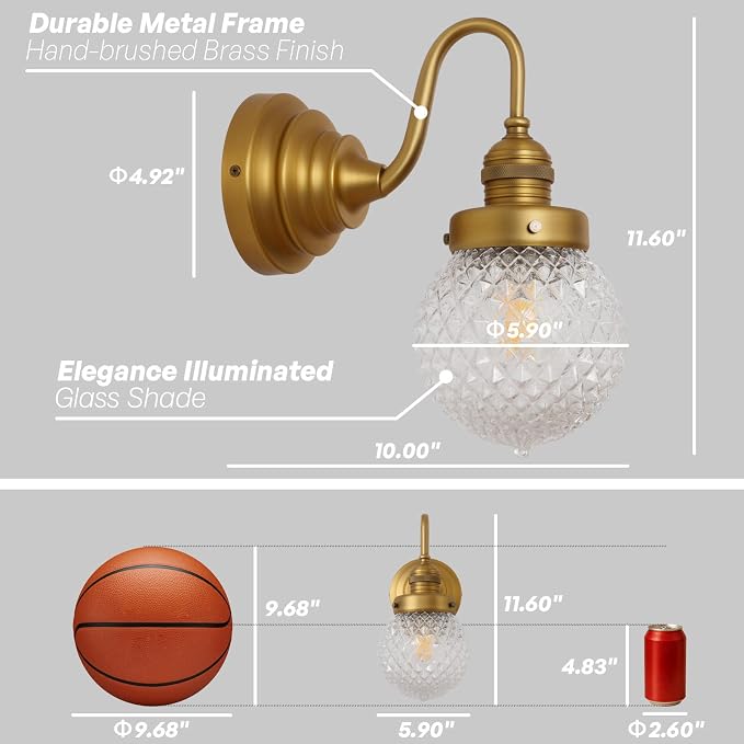 Brass Gold Wall Sconce Clear Glass Bathroom Vanity Light | Vintage,Hardwired Indoor,Aged Brass Finish,Hand-Blown Thick Glass,for Bathroom Mirror Kitchen Hallway,UL-Listed E26 Socket