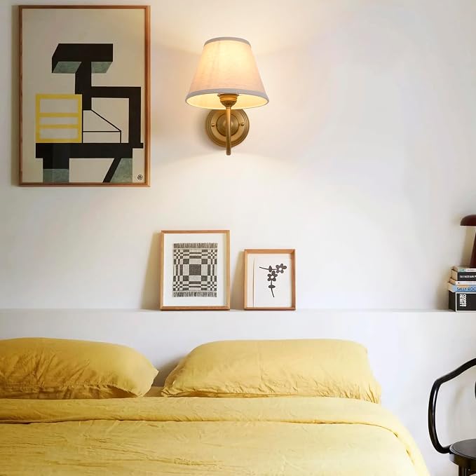 Vintage Curved Arm Fabric Wall Sconce with Linen Cloth Shade, Hardwired Indoor Single Sconce Light Wall Mounted Lamp for Bedroom Living Room Stairs Hallway