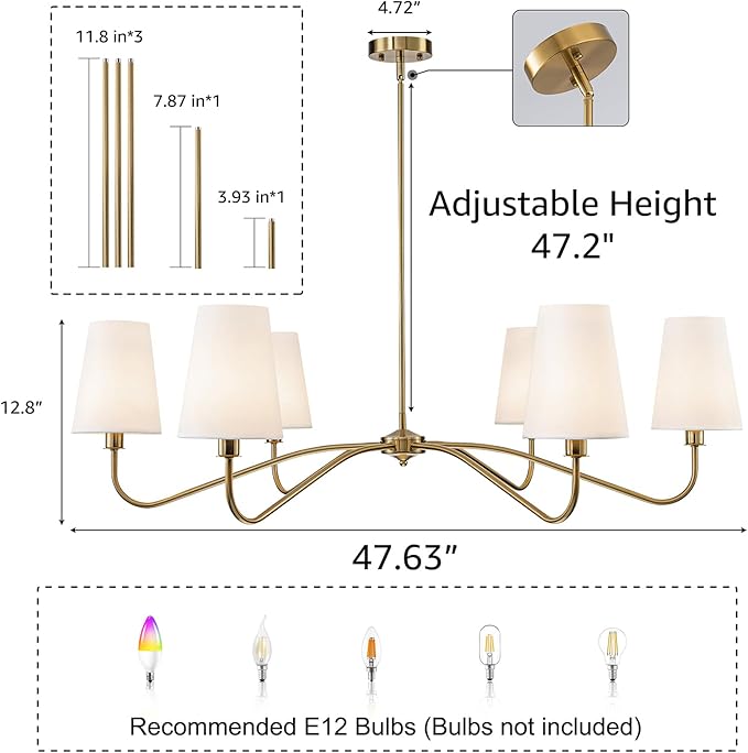 47'' Brushed Gold Chandelier with Shades, 6-Light Modern Chandelier for Living Room, Large Dining Room Light Fixture, Brass Large Classic Pendant Light Fixture for Kitchen Height Adjustable E12 Base