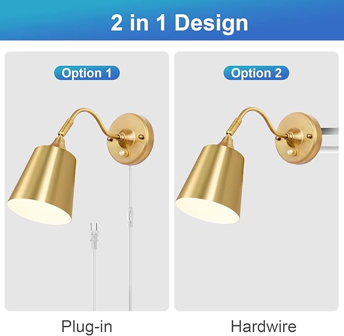 TRLIFE Wall Sconce Plug in, Dimmable Wall Sconces Adjustable Gold Wall Lights with Plug in Cord and Dimmer On/Off Knob Switch, Wall Mounted Light for Bedside Bedroom Stairway(2 Pack, 2 Bulbs Included)