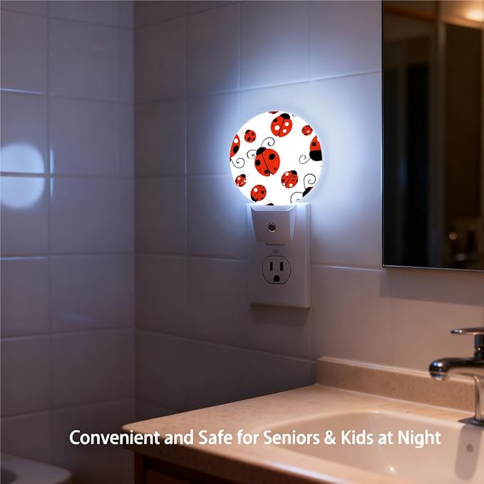 Plug-in Playful Ladybug Pattern Night Light Red Ladybugs with Polka Dots Night Lights Plug into Wall with Auto on/Off Sensor, 0.5W LED Nightlight for Bedroom Bathroom Kitchen Hallway