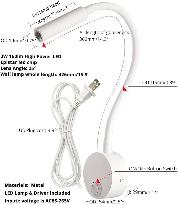 2-Pack Bed Reading Light Wall Mount Lamp, Flexible Neck Reading Lamps, Warm White 3000K Spot Light for Hotel, Marine, Yacht, Bunk Bed 4.92ft Cord Plug-in (White)