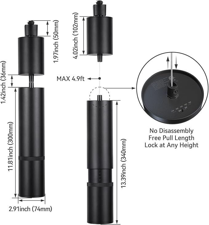 LEONLITE 5CCT Zoomable LED Track Pendant Light, 800LM Adjustable Height H Track Pendant Lighting, ETL, Dimmable, Beam Angle 10°–70°, Commercial Retractable Hanging Light for Cafe, Black, Pack of 3