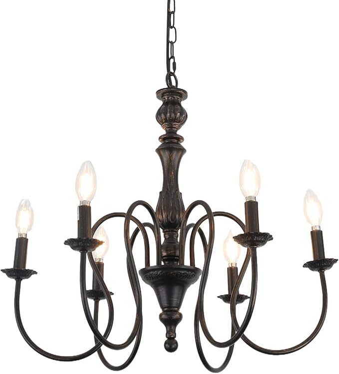 6-Lights Black Chandelier Mid Century Modern Candle Style Orb Oil Rubble Black Chandelier Light Fixture Vintage Chandeliers for Dining Room, Kitchen, Living Room, Bedroom, E12