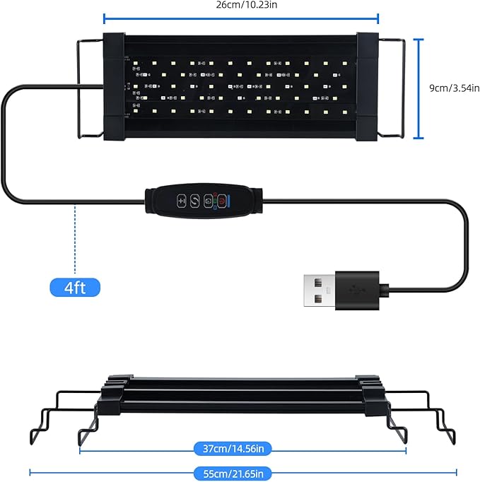 USB LED Aquarium Light for 12–18 Inch Fish Tanks – Timer with Auto On/Off, 10-Level Brightness, White/Blue/Red+White Modes, Extendable Brackets & Hanging Design