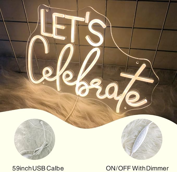 Let's Celebrate Neon Sign Warm White LED Neon Lights for Wall Decor | USB-Powered Neon Signs for Living Rooms, Dining Rooms,Thanksgiving and Party Decorations(15"x10.6")