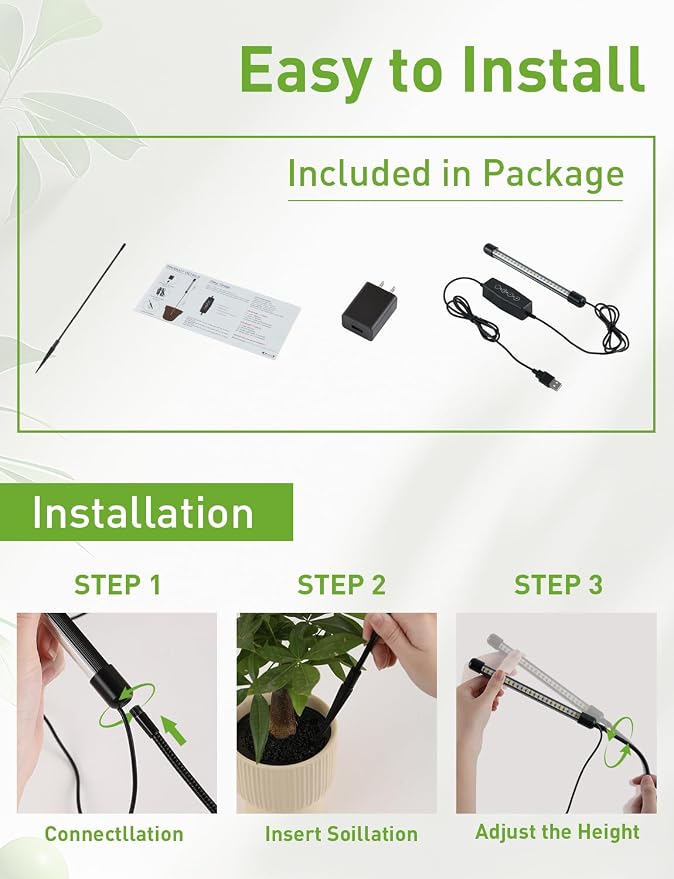 Grow Lights for Indoor Plants Full Spectrum, Plant Lights for Indoor Growing, 48 LEDs Ground Plug Grow Light with Gooseneck, Auto Timer & Dimmable Settings, Ideal for Small and Indoor Plants, 2 Packs