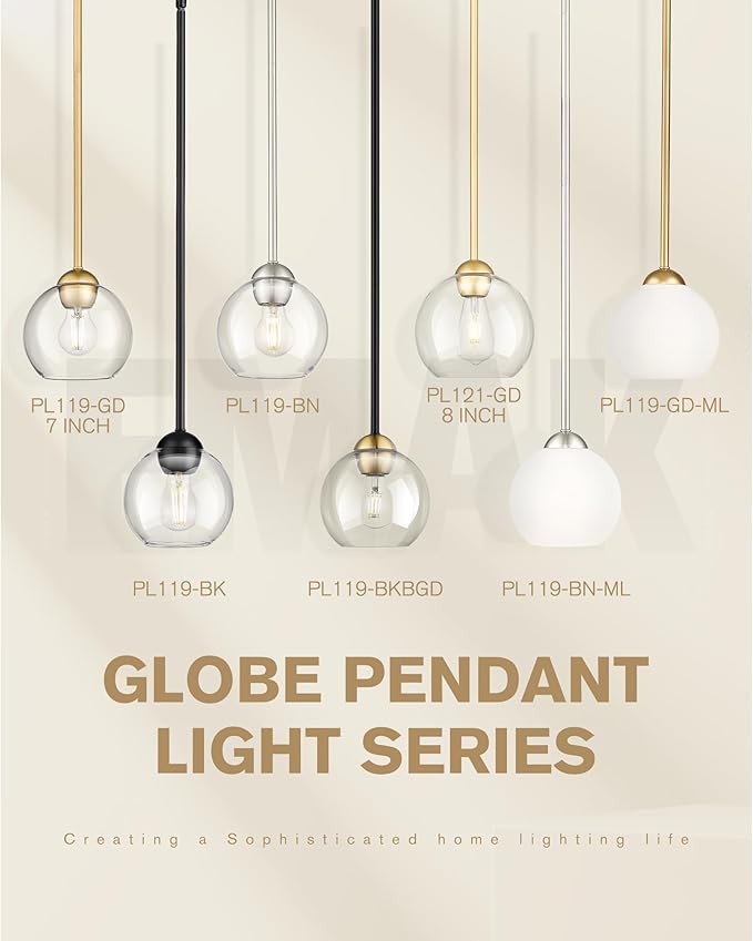 Emak Modern Gold Pendant Light Fixtures, 7 Inch Globe Pendant Lights with Clear Glass, 1 Light Hanging Lights for for Kitchen Island, Bathroom, Dining Room, Bedroom, Hallway, 2 Pack, PL119-GD-2PK